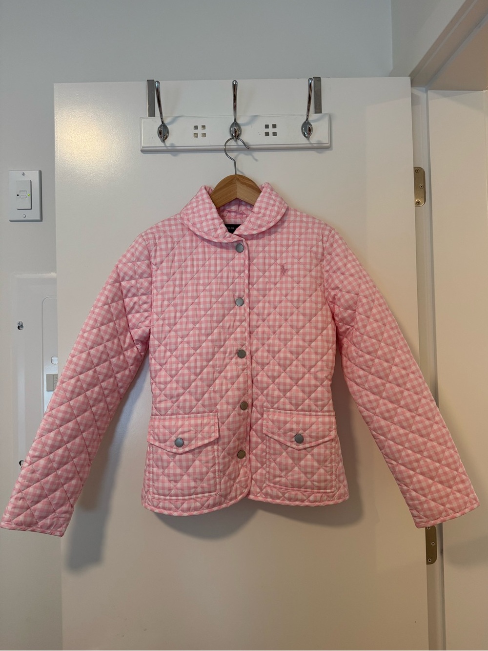 Polo Ralph Lauren Girls Pink Gingham Check Quilted Hooded Jacket XL 16